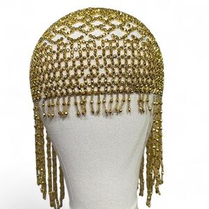 1920s beaded cap flapper era roaring 20s golden beaded headpiece with tassels